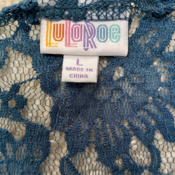 LuLaRoe Monroe Blue Lace Open Front Cardigan, size Large - Picture 6 of 6